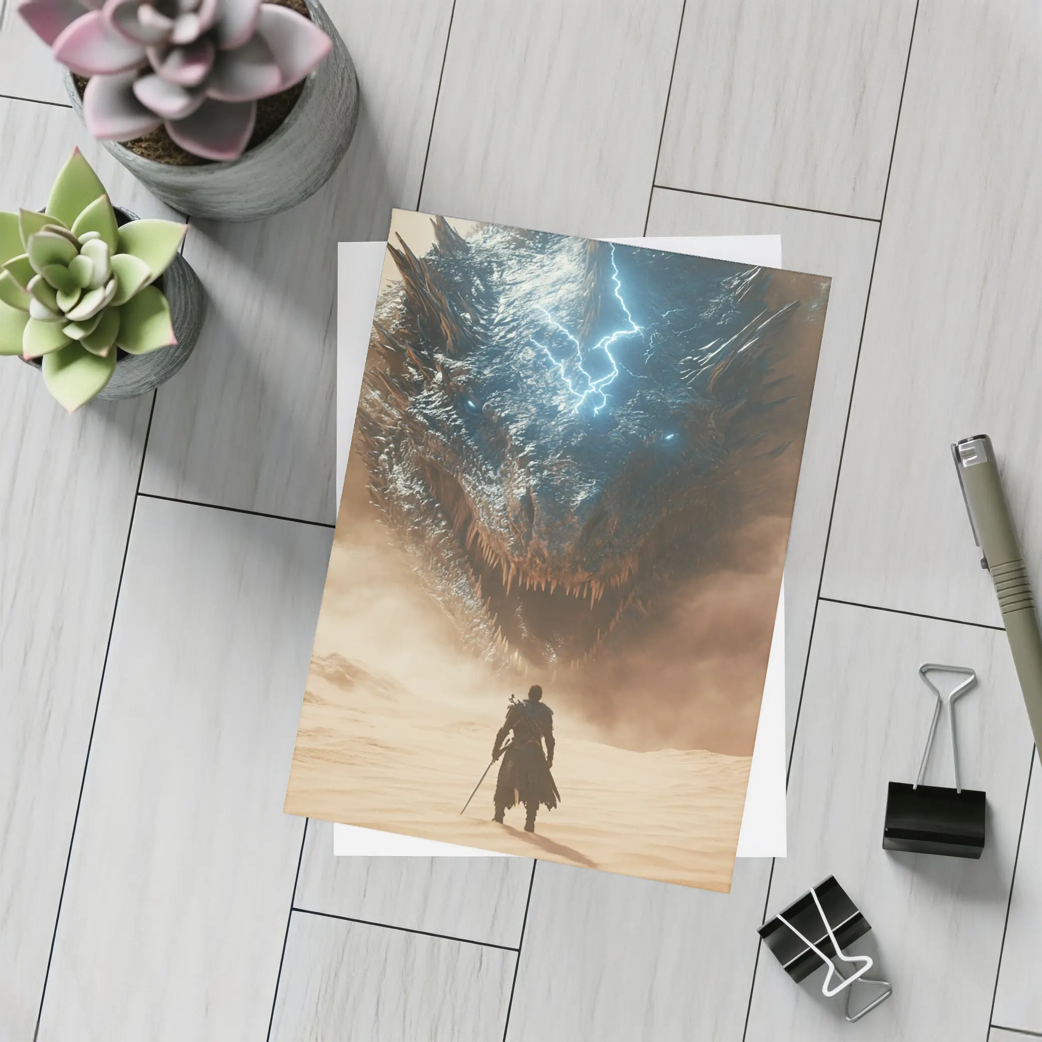 Warrior Facing Storm Dragon Desert Wasteland – Postcards