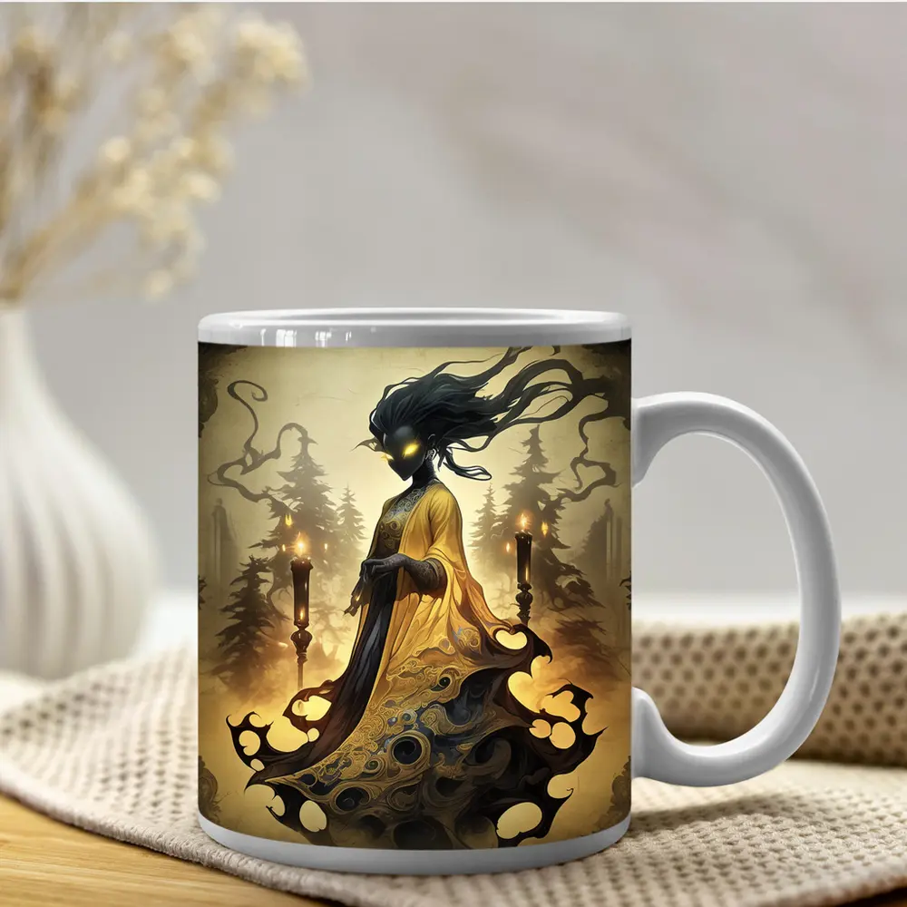 Dark Spirit Figure Glowing Eyes Forest Fantasy – Mugs