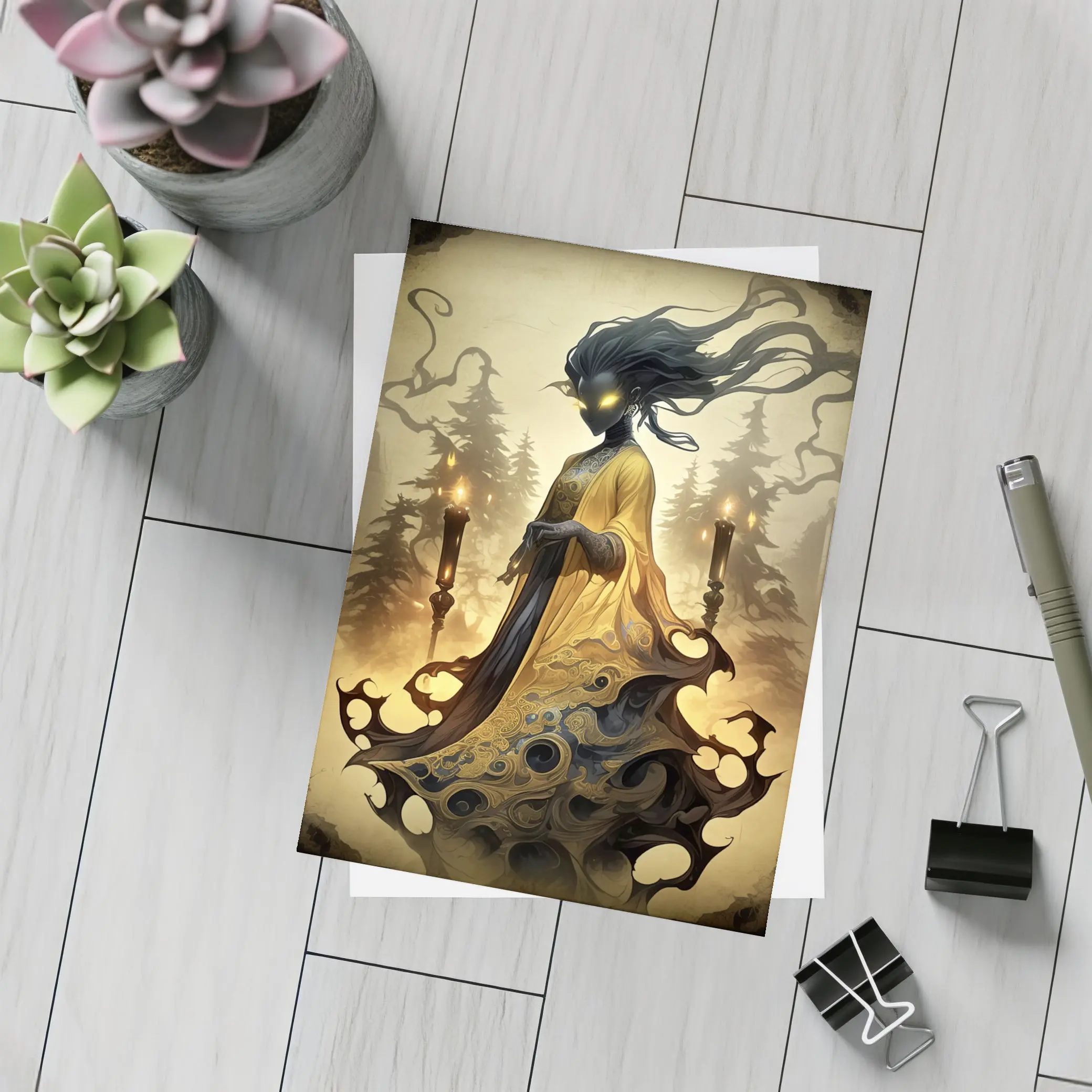 Dark Spirit Figure Glowing Eyes Forest Fantasy – Postcards