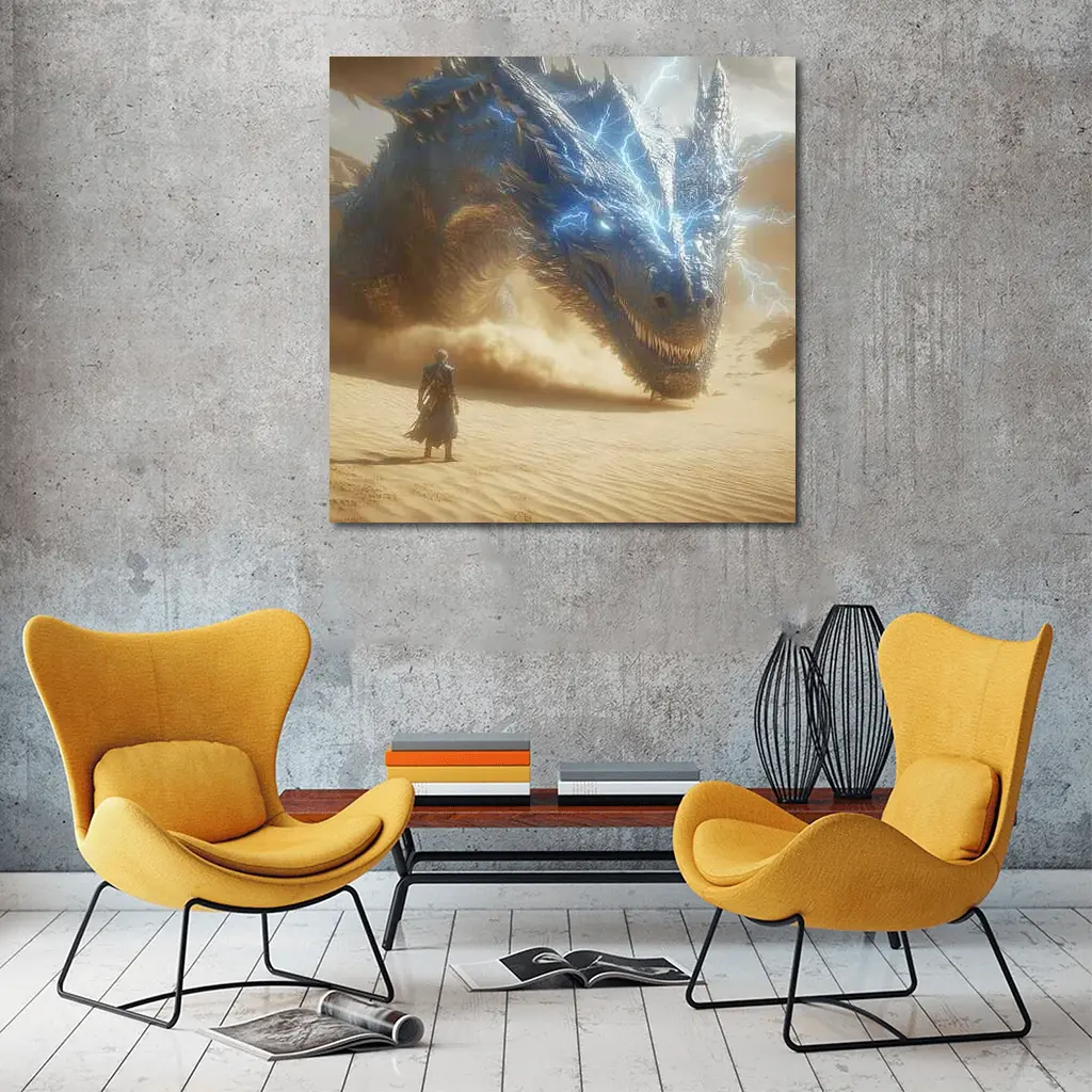 Blue Lightning Dragon Warrior Desert Confrontation – Wall Art