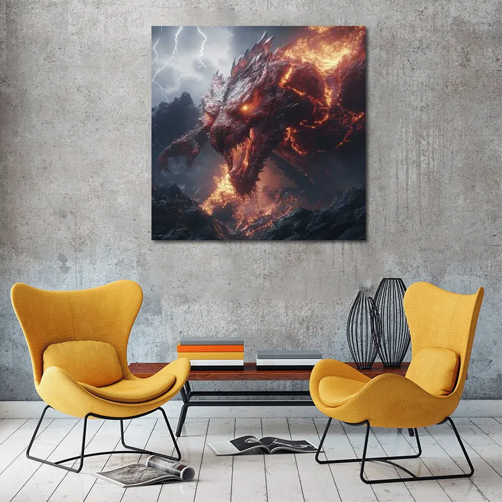 Fire Dragon Roaring Over Dark Mountains – Wall Art