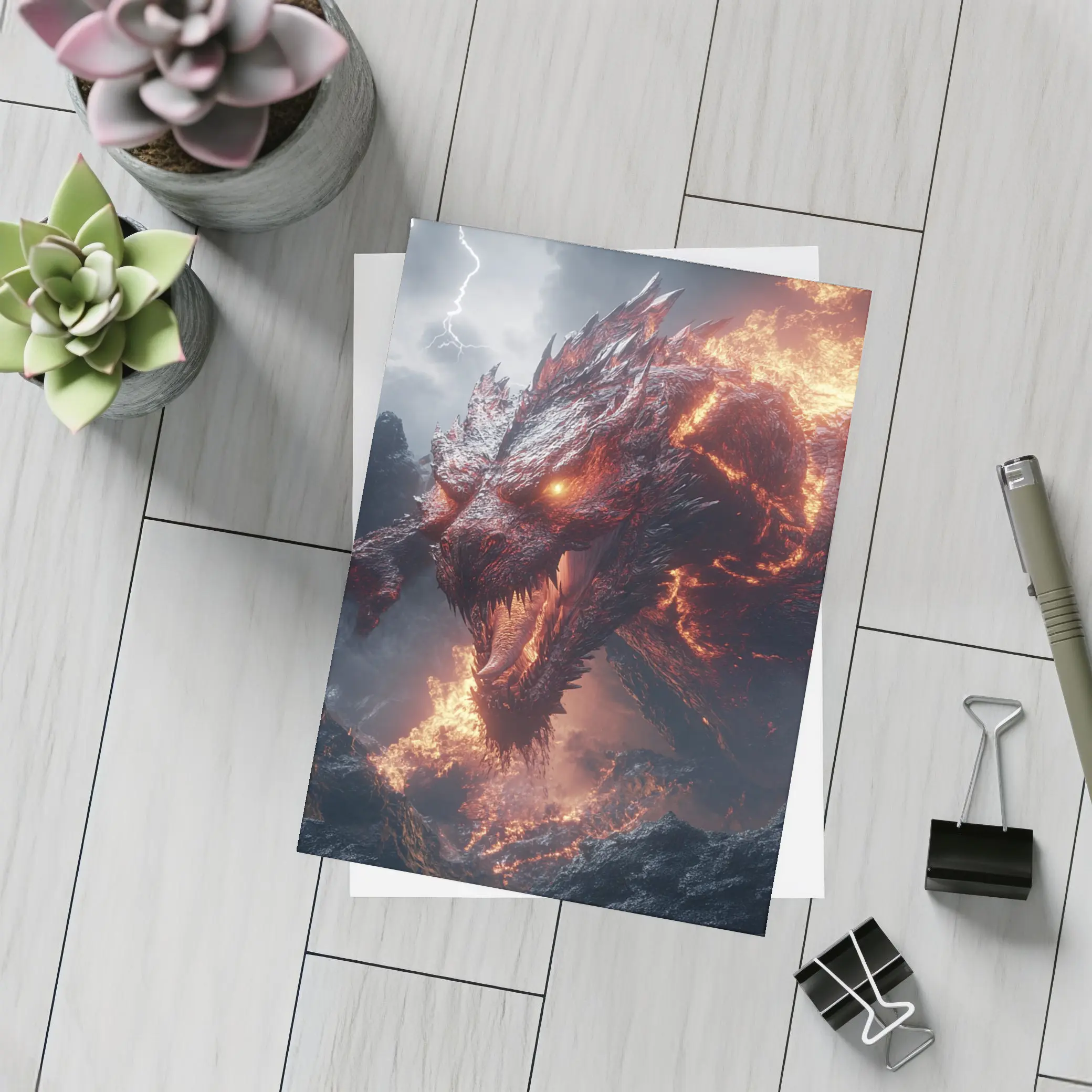 Fire Dragon Roaring Over Dark Mountains – Postcards