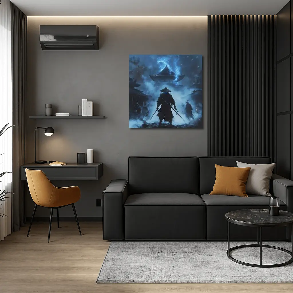 Glowing Eyes Samurai Temple Blue Night – Wall Art