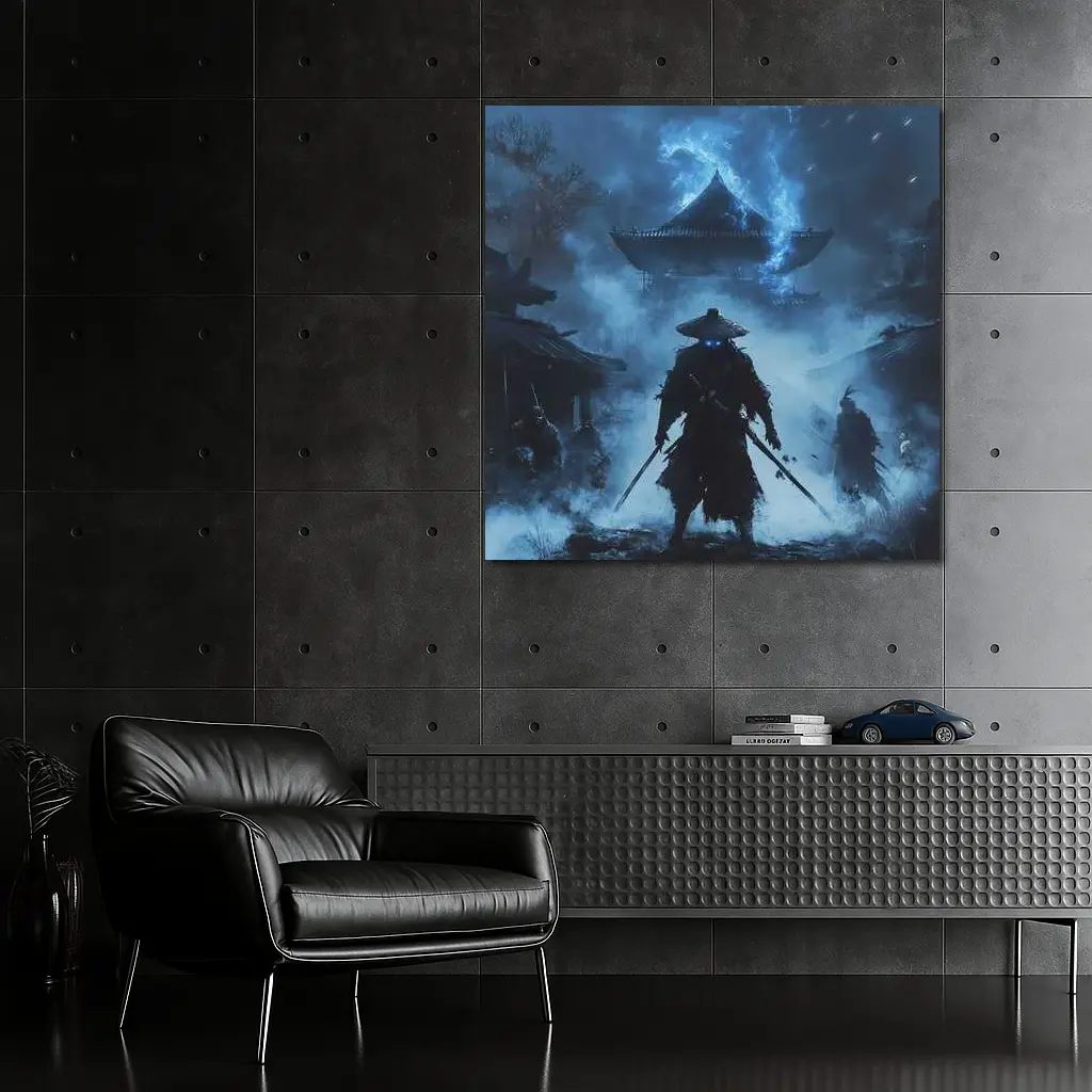 Glowing Eyes Samurai Temple Blue Night – Wall Art