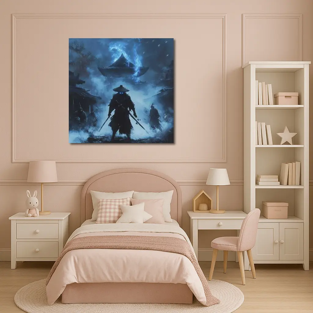 Glowing Eyes Samurai Temple Blue Night – Wall Art