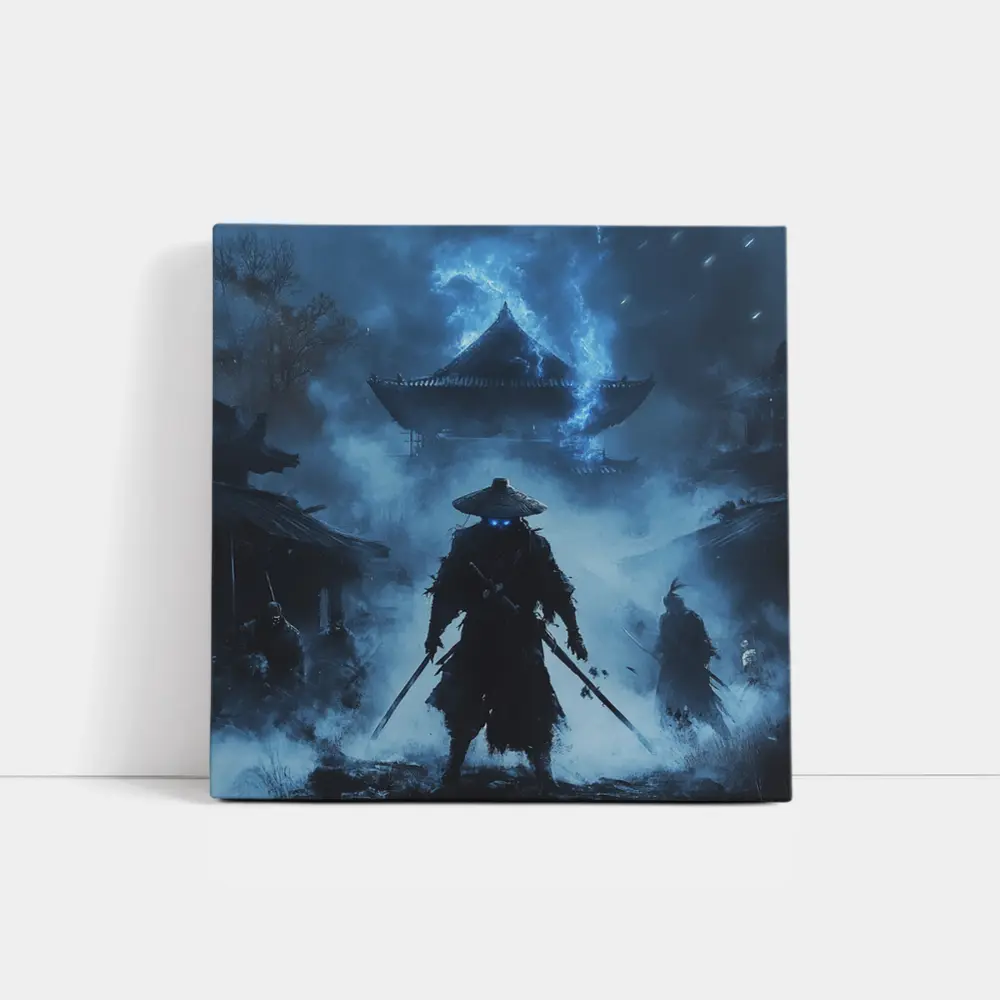 Glowing Eyes Samurai Temple Blue Night – Wall Art