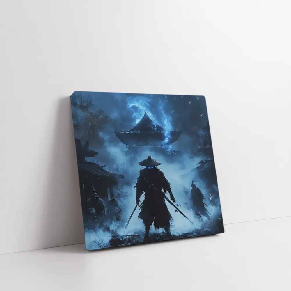 Glowing Eyes Samurai Temple Blue Night – Wall Art