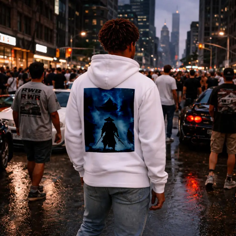 Glowing Eyes Samurai Temple Blue Night – Hoodies