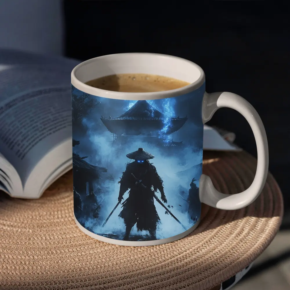 Glowing Eyes Samurai Temple Blue Night – Mugs