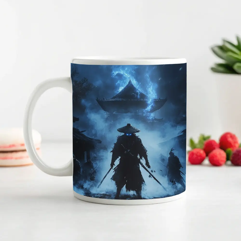 Glowing Eyes Samurai Temple Blue Night – Mugs