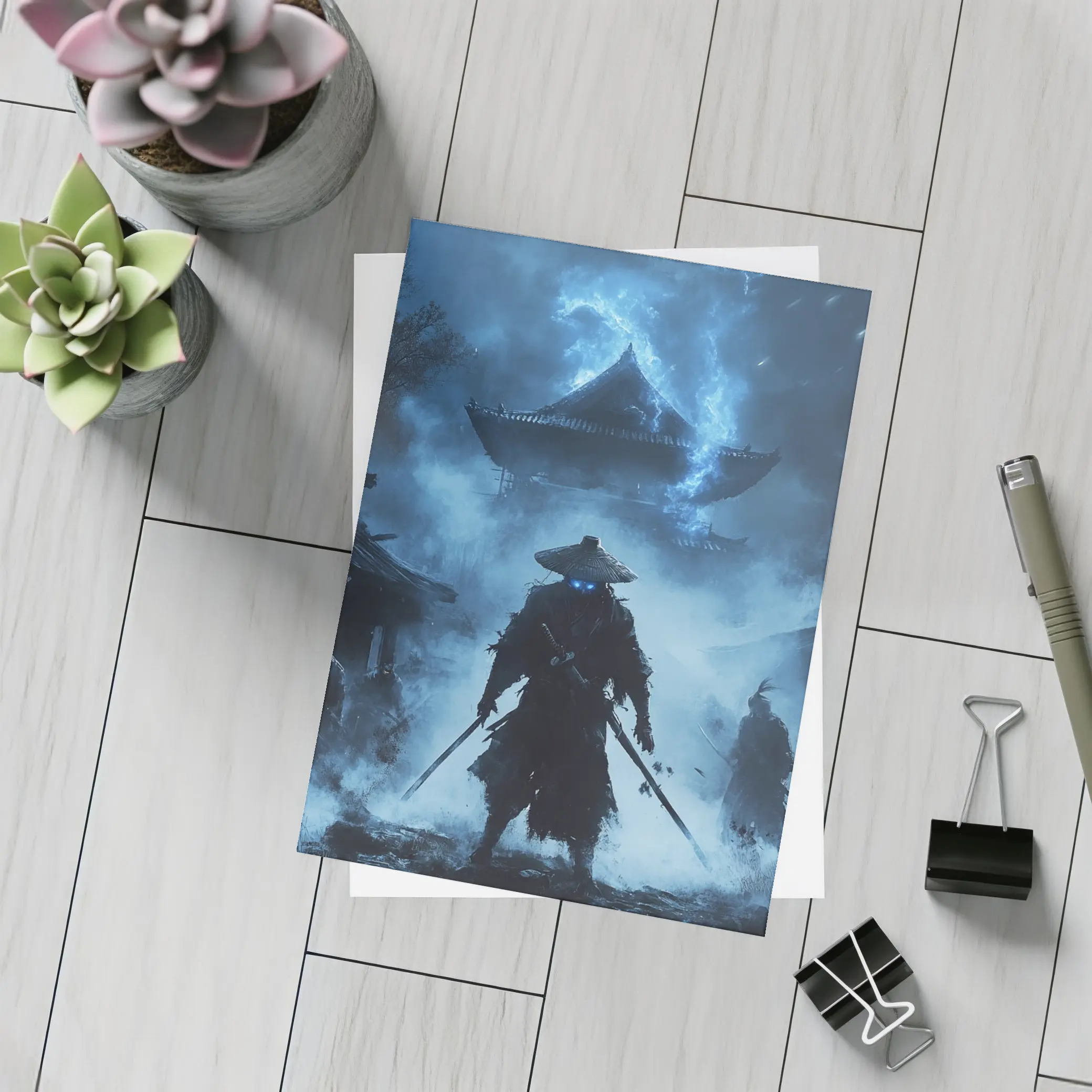 Glowing Eyes Samurai Temple Blue Night – Postcards