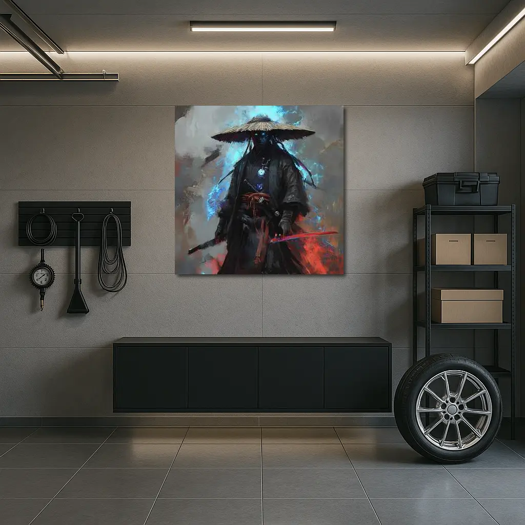 Dark Samurai Warrior with Glowing Blue Energy – Wall Art