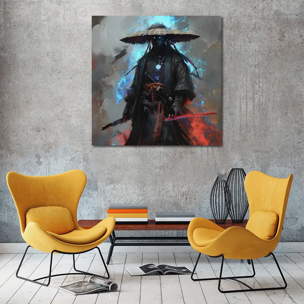 Dark Samurai Warrior with Glowing Blue Energy – Wall Art