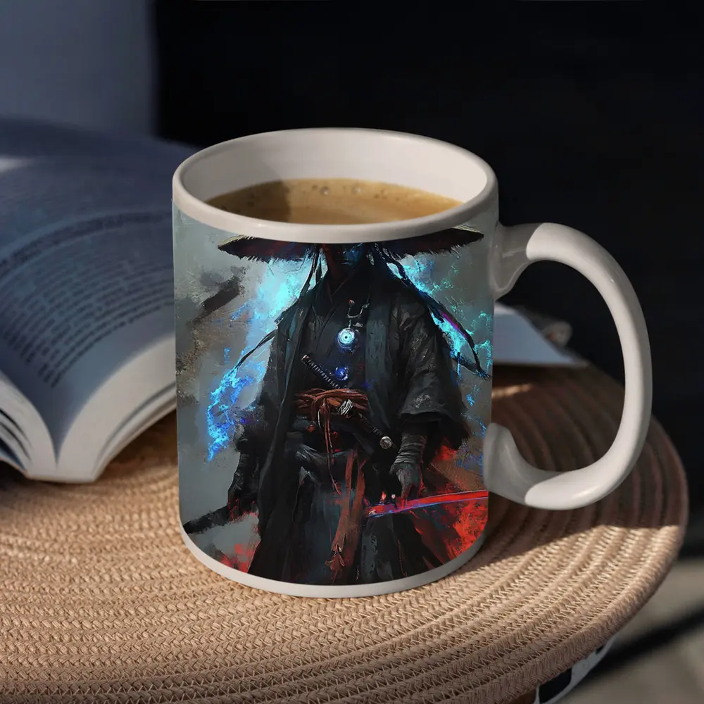 Dark Samurai Warrior with Glowing Blue Energy – Mugs