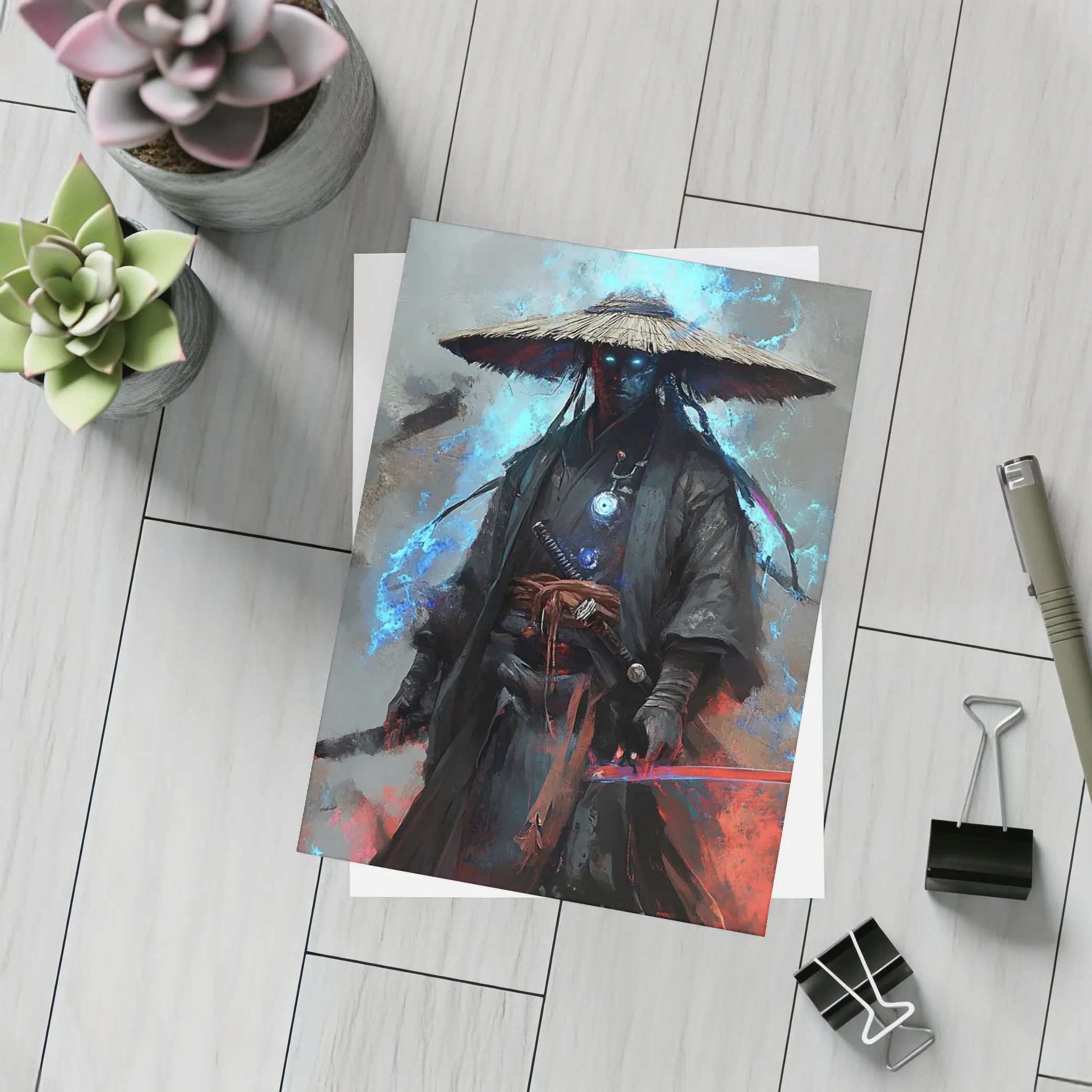 Dark Samurai Warrior with Glowing Blue Energy – Postcards