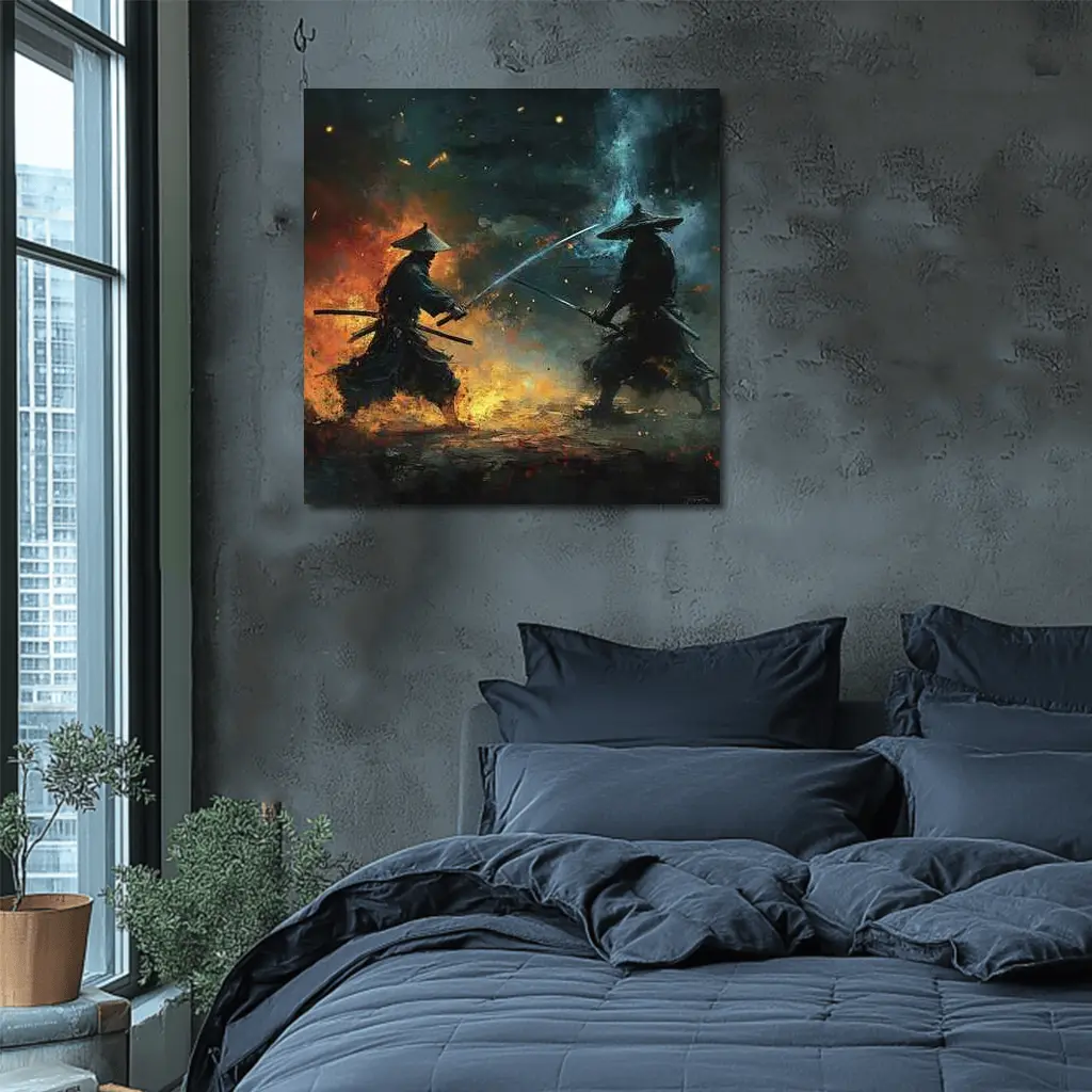 Two Samurai Duel Fire Dark Battle – Wall Art