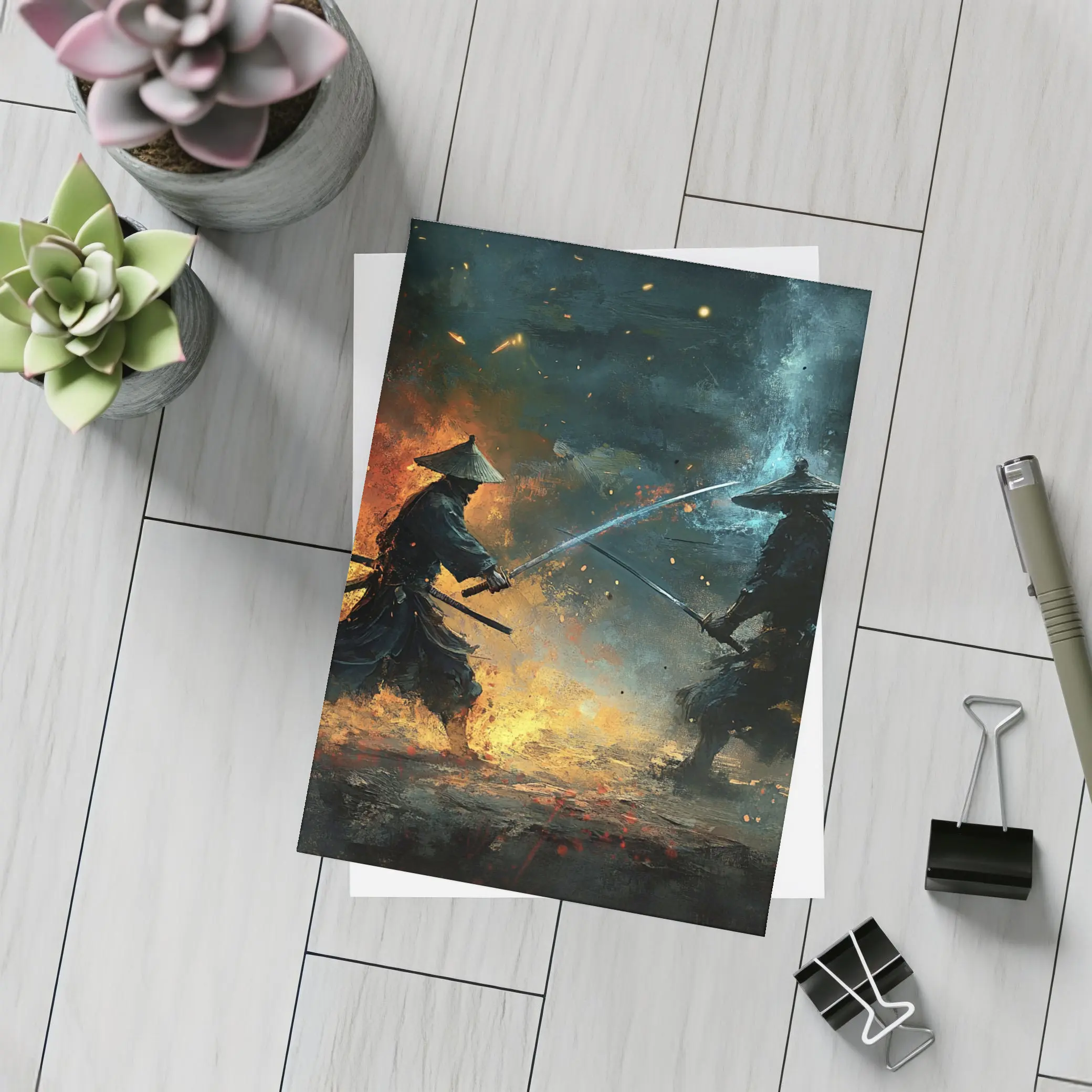 Two Samurai Duel Fire Dark Battle – Postcards