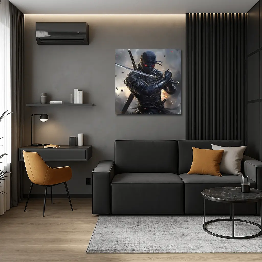 Dark Ninja Warrior Dual Swords Battle Scene – Wall Art
