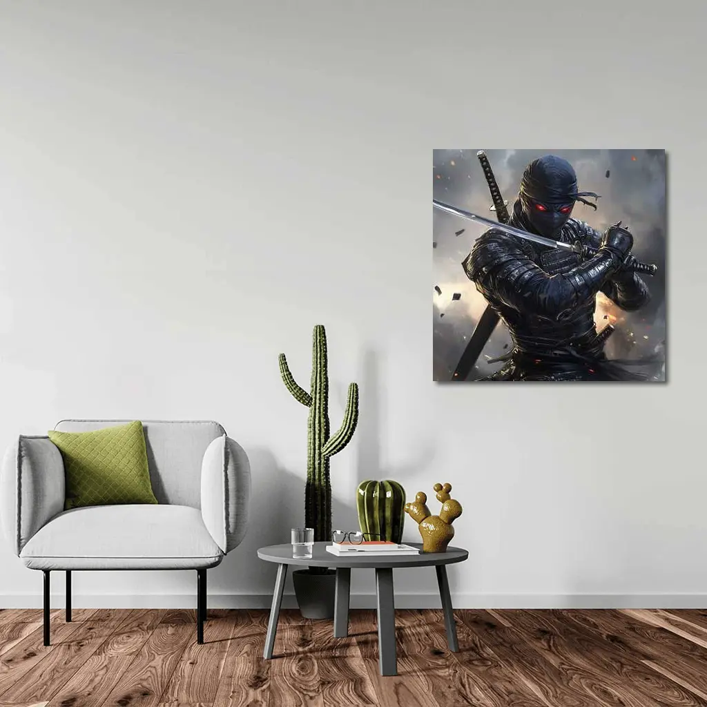 Dark Ninja Warrior Dual Swords Battle Scene – Wall Art