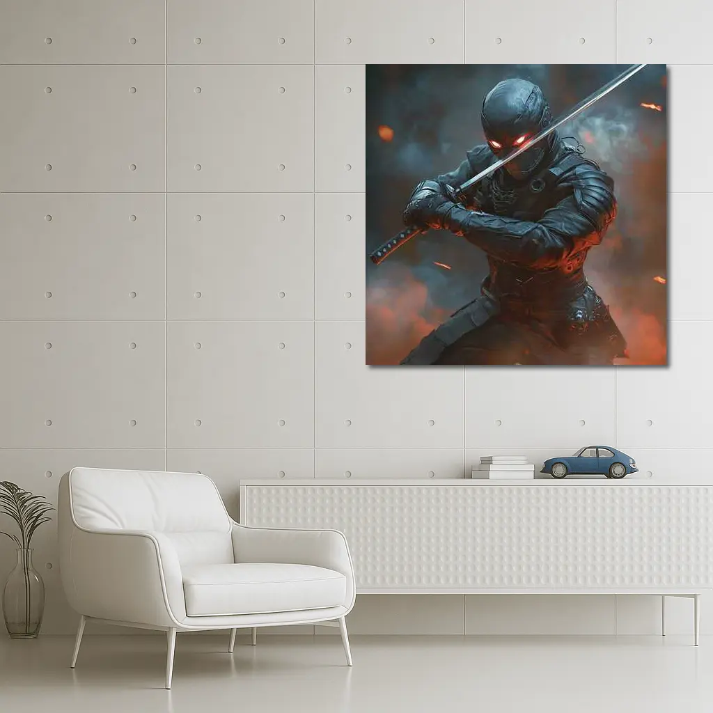 Cyberpunk Ninja Warrior Katana Smoke Battle – Wall Art