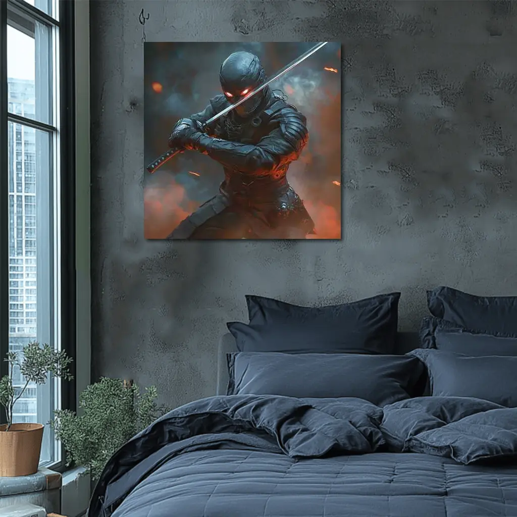 Cyberpunk Ninja Warrior Katana Smoke Battle – Wall Art