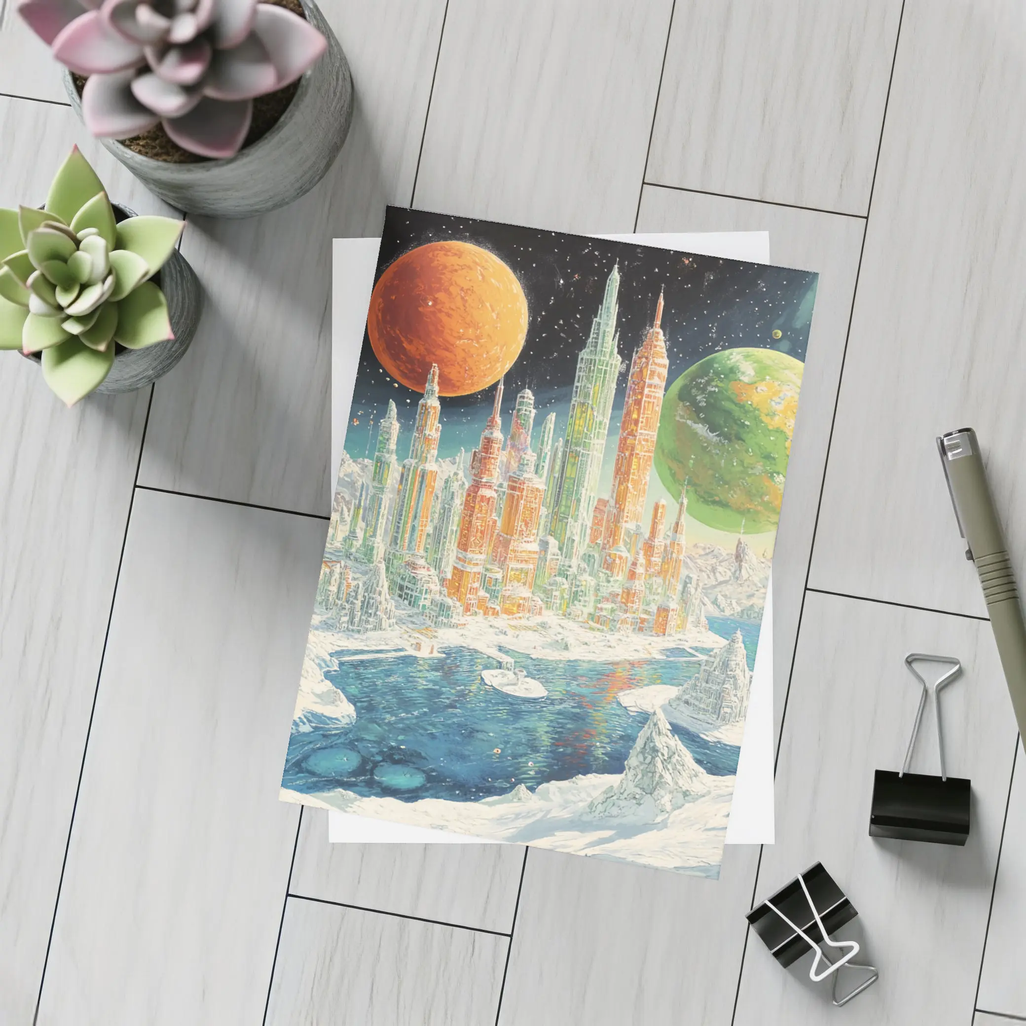 Retro Sci Fi Futuristic City Space Planets – Postcards