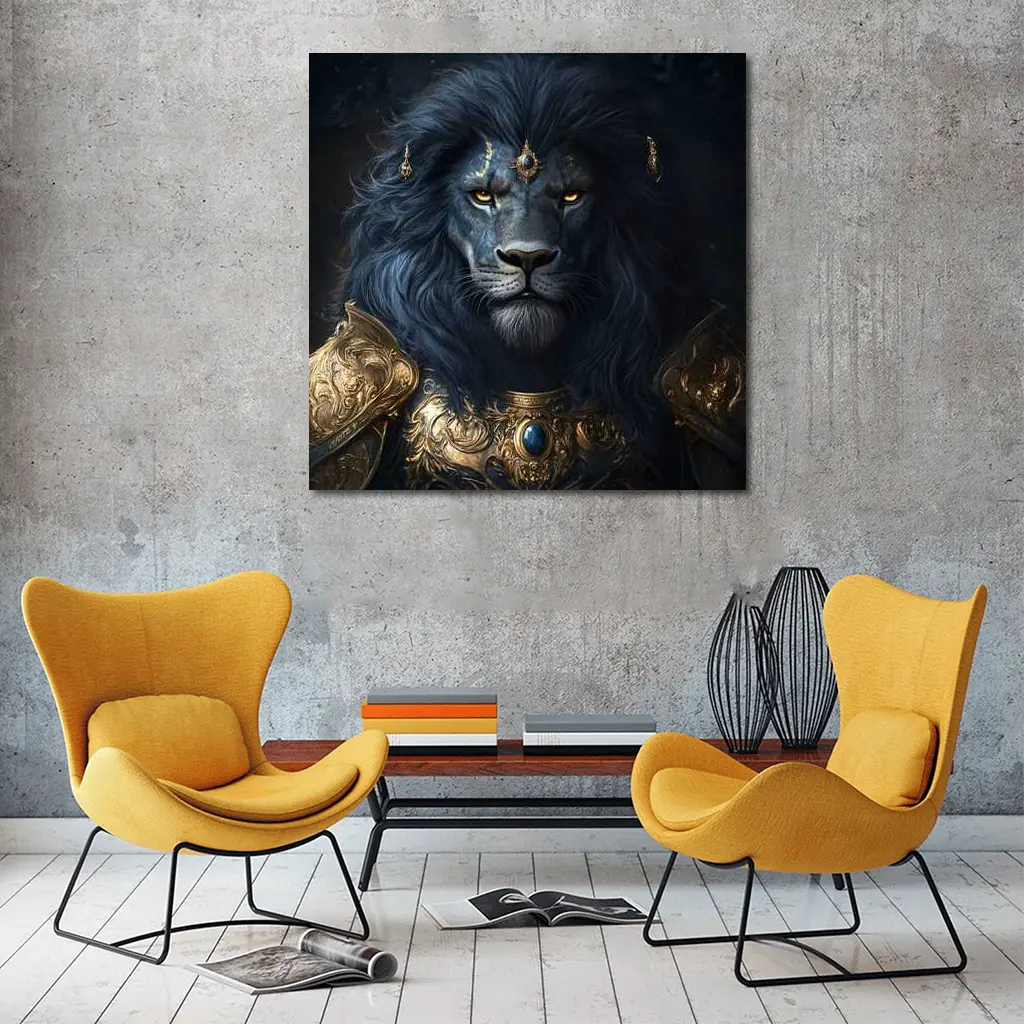 Dark Blue Lion Warrior Gold Armor Fantasy – Wall Art