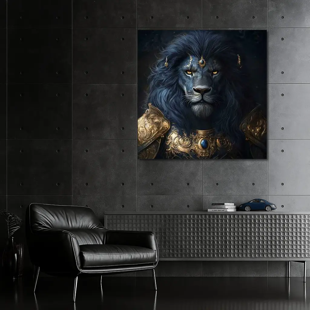 Dark Blue Lion Warrior Gold Armor Fantasy – Wall Art