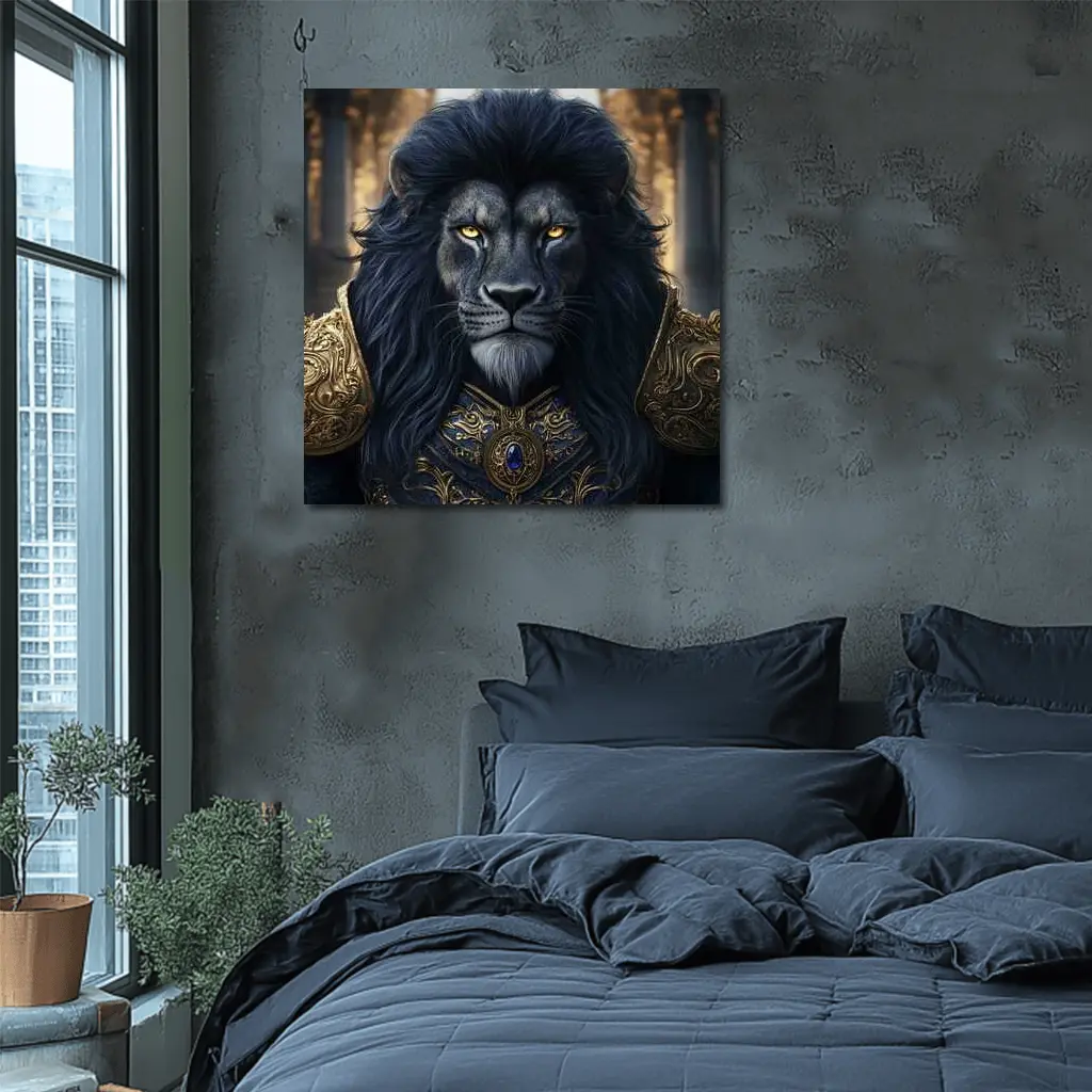Dark Lion Warrior in Golden Armor Fantasy – Wall Art