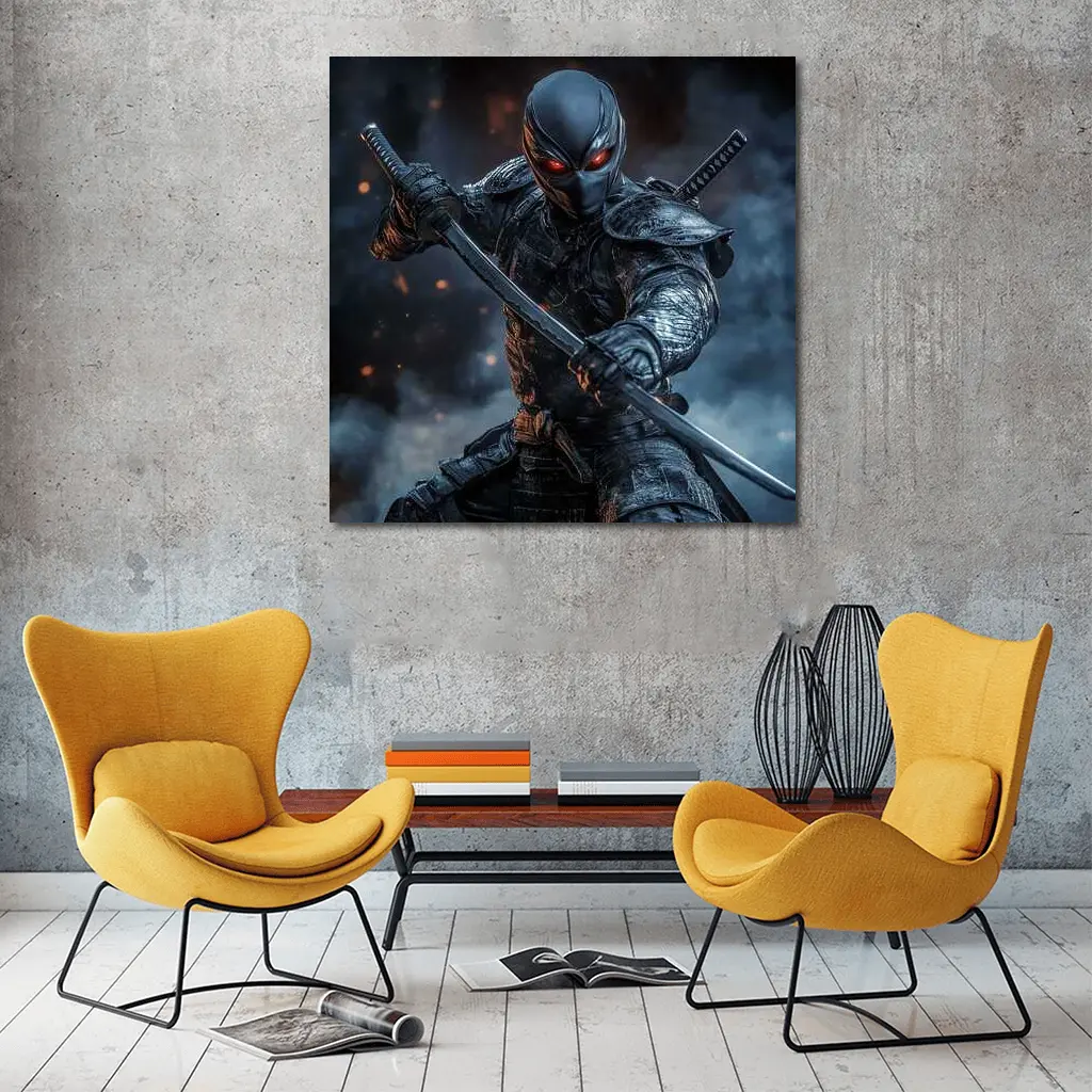 Dark Ninja Warrior Dual Swords Smoky Background – Wall Art