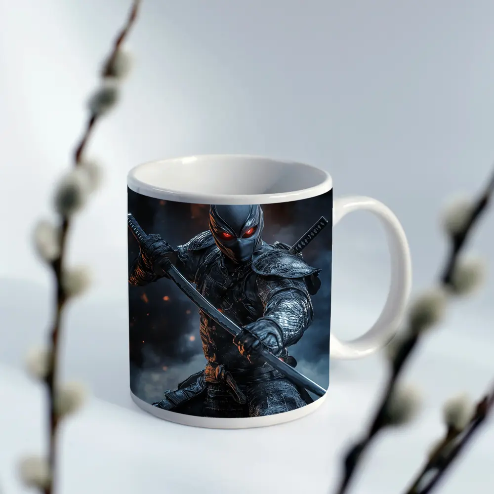 Dark Ninja Warrior Dual Swords Smoky Background – Mugs