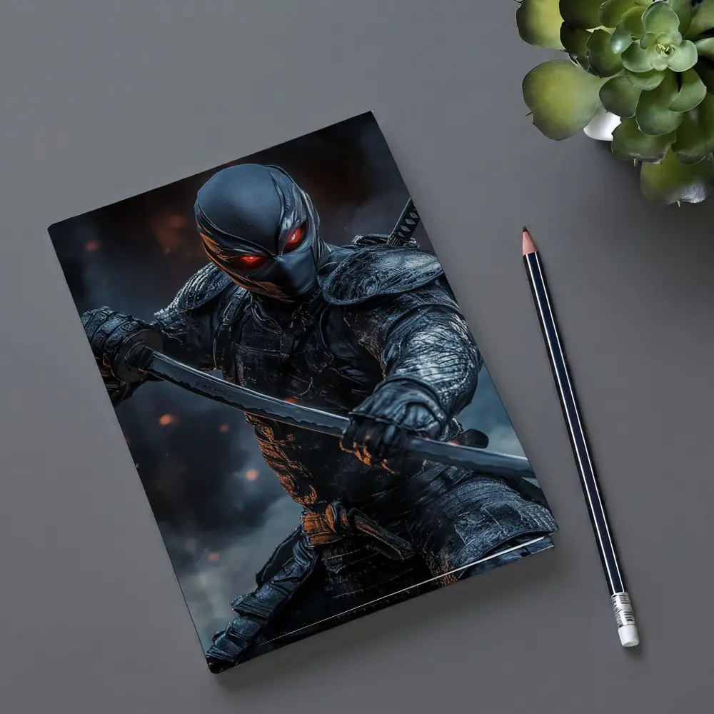 Dark Ninja Warrior Dual Swords Smoky Background – Notebooks