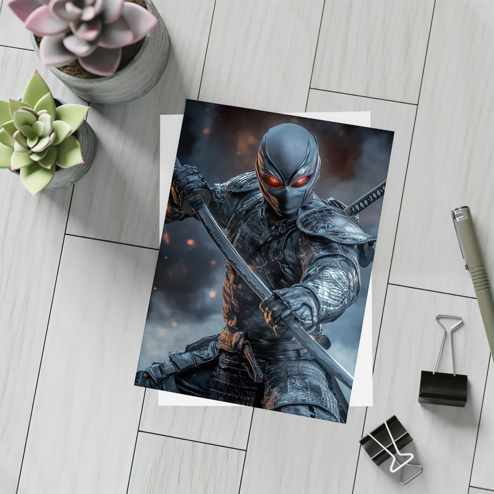Dark Ninja Warrior Dual Swords Smoky Background – Postcards