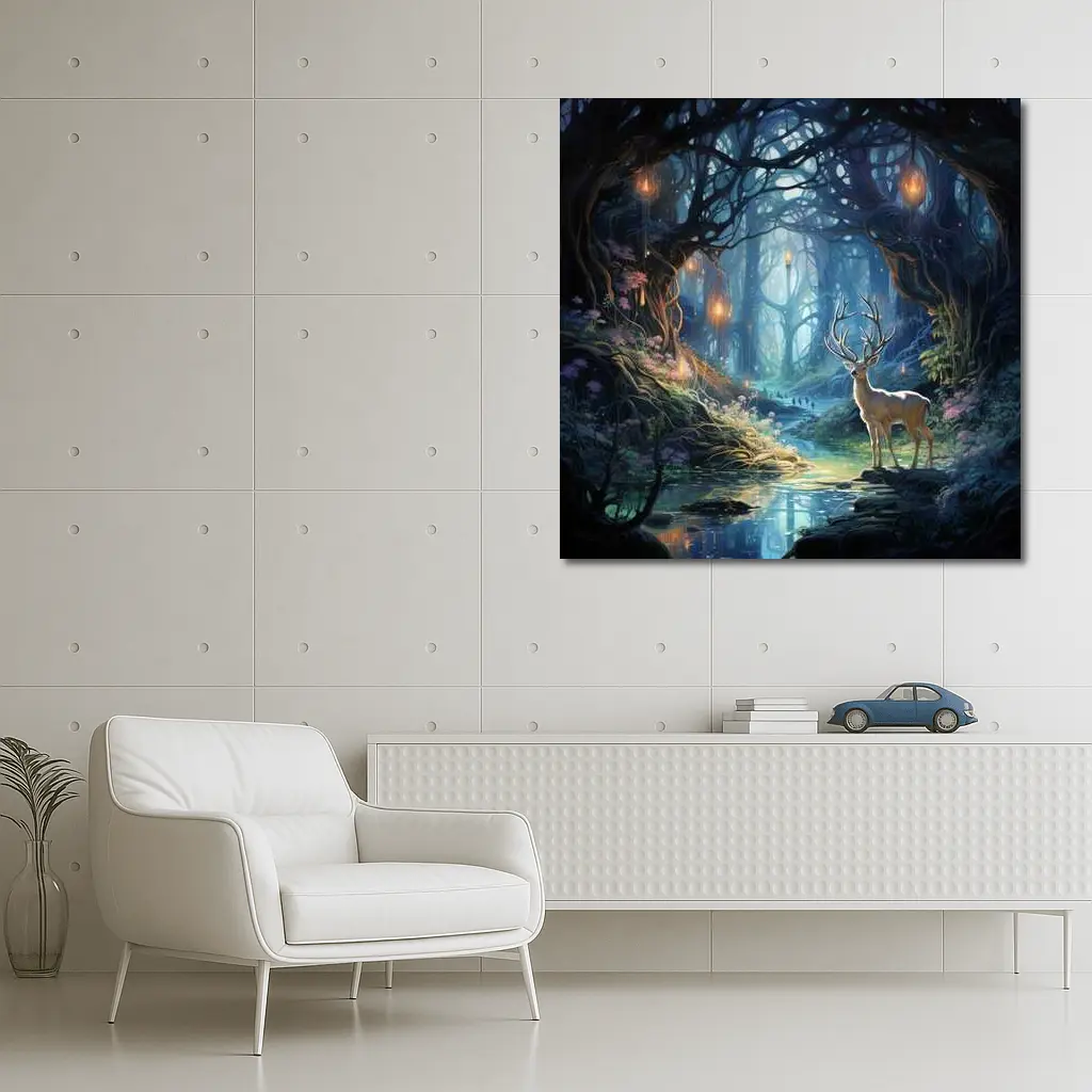 White Stag in Enchanted Glowing Fantasy Forest – Wall Art