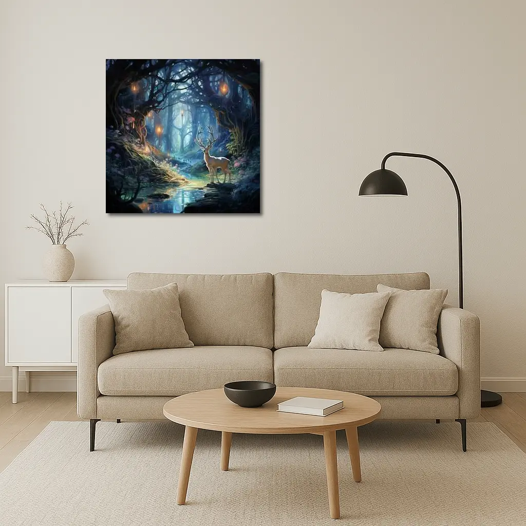 White Stag in Enchanted Glowing Fantasy Forest – Wall Art