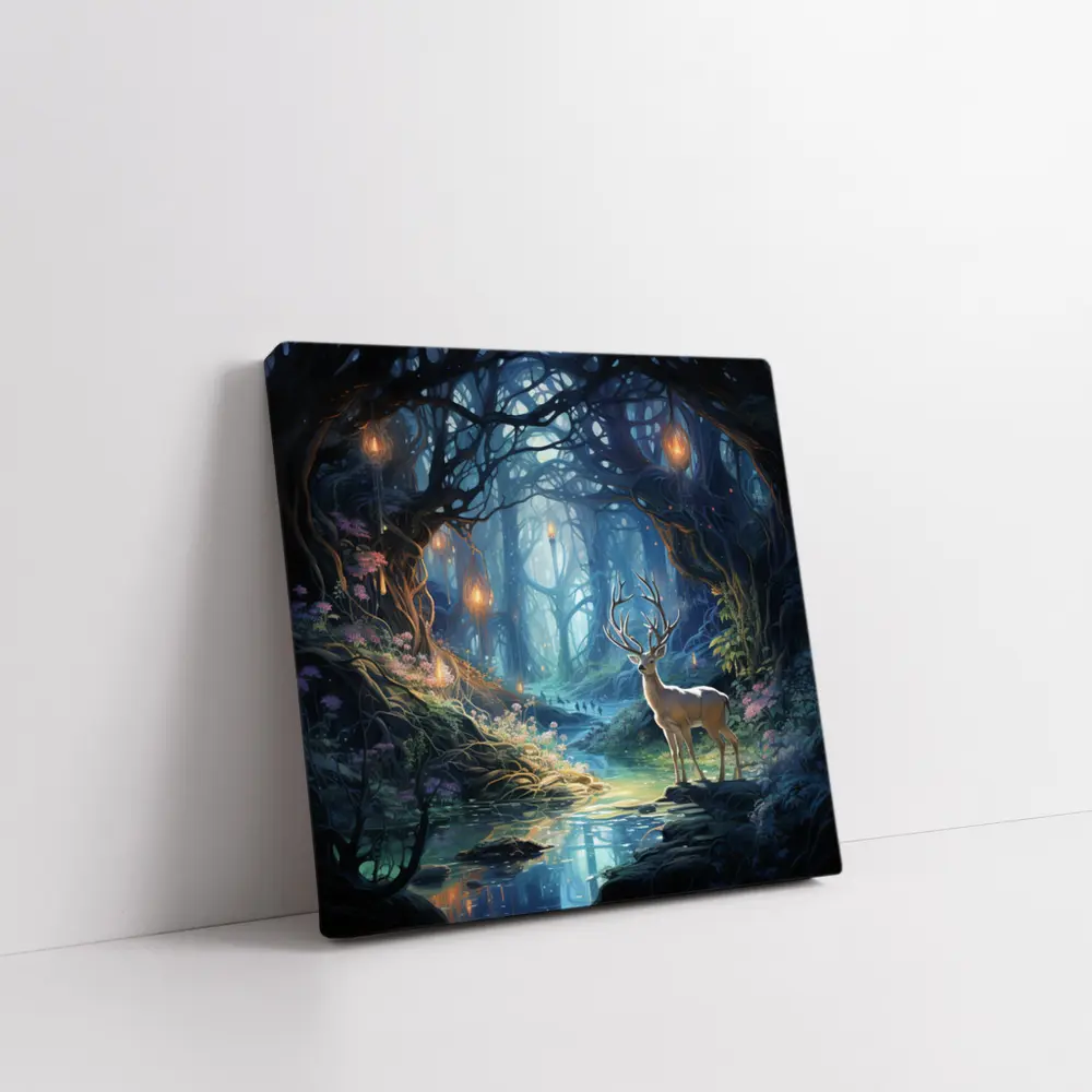 White Stag in Enchanted Glowing Fantasy Forest – Wall Art