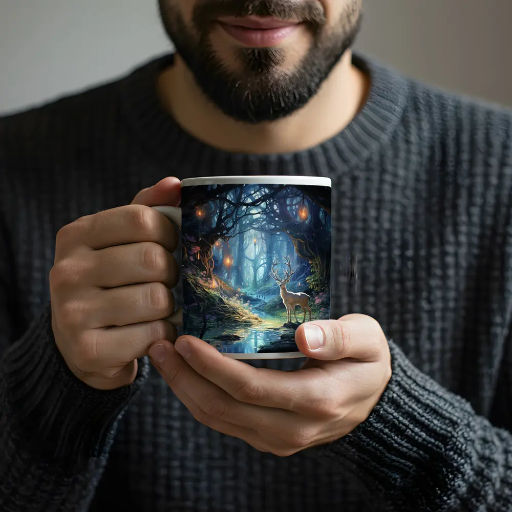 White Stag in Enchanted Glowing Fantasy Forest – Mugs