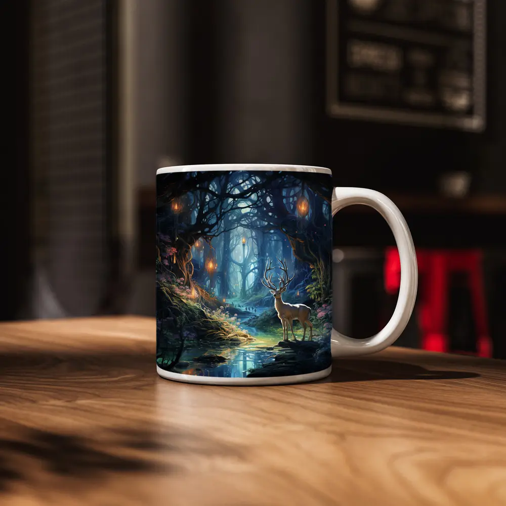 White Stag in Enchanted Glowing Fantasy Forest – Mugs