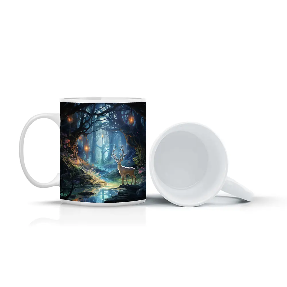 White Stag in Enchanted Glowing Fantasy Forest – Mugs