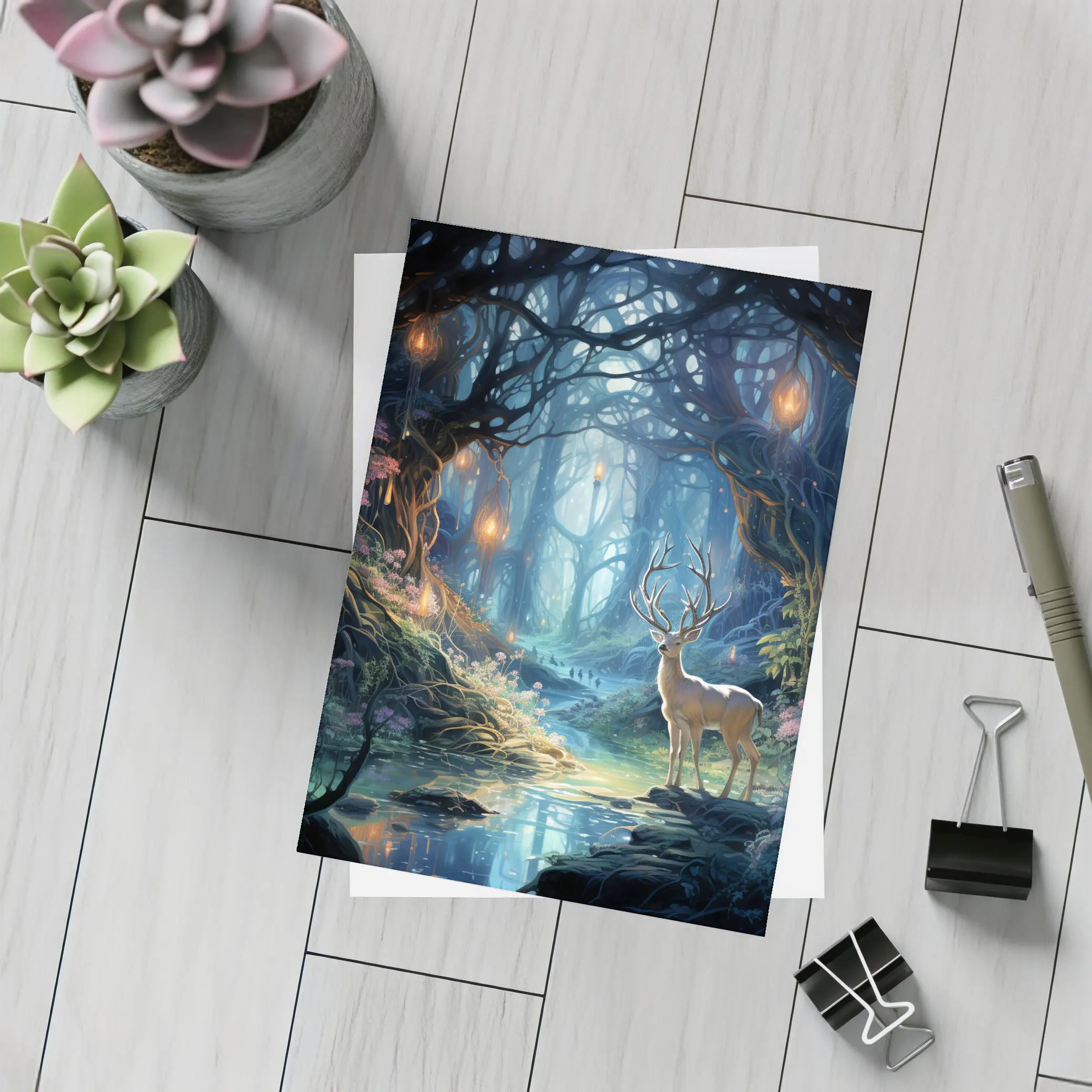 White Stag in Enchanted Glowing Fantasy Forest – Postcards