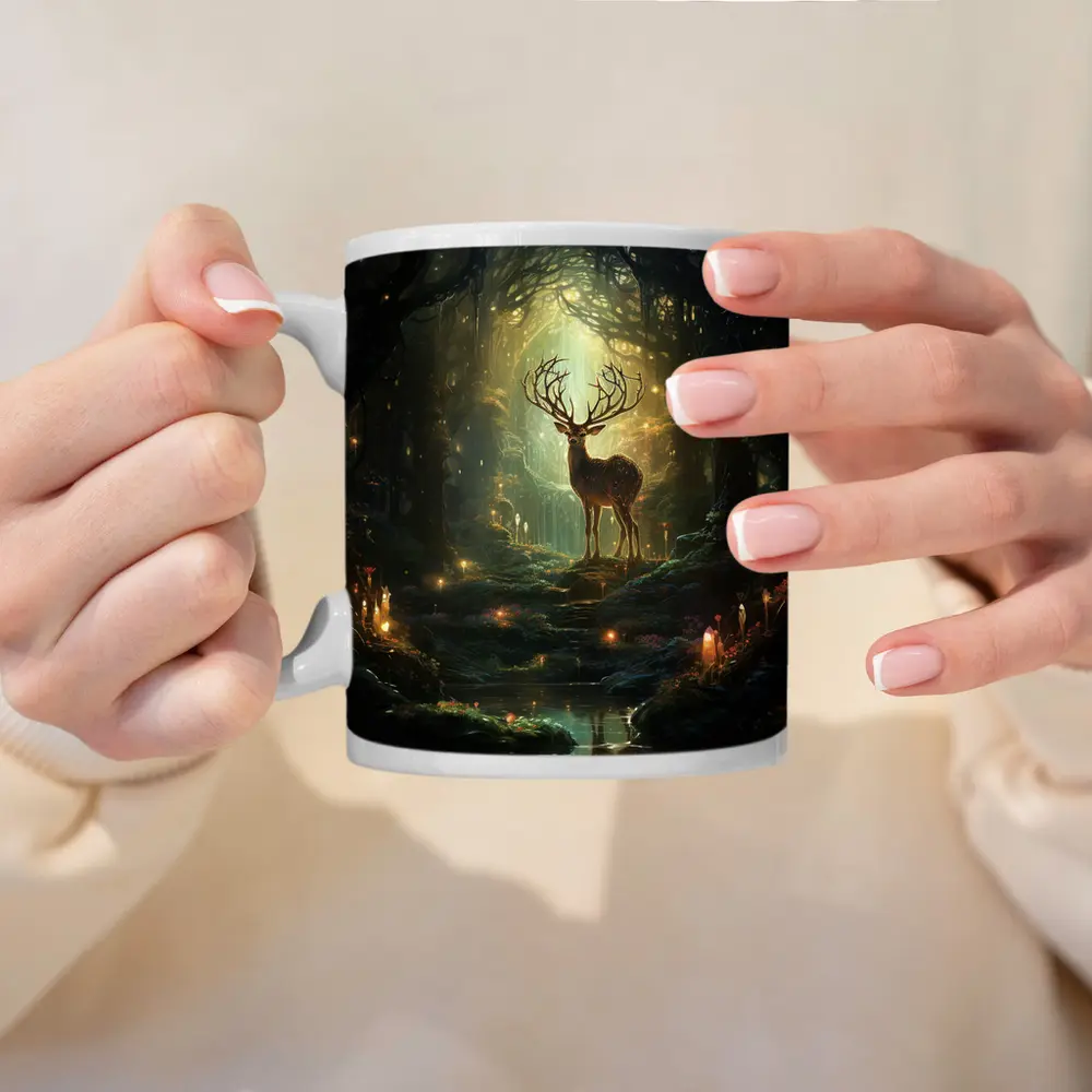 Magical Deer Standing In Enchanted Forest – Mugs