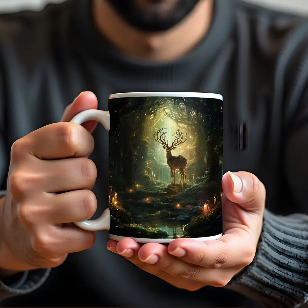 Magical Deer Standing In Enchanted Forest – Mugs