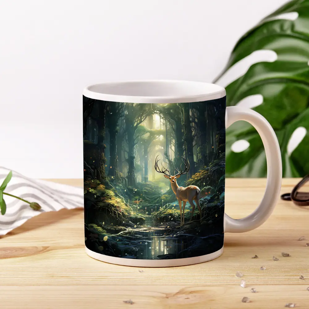 Deer Stag Standing In Enchanted Forest – Mugs
