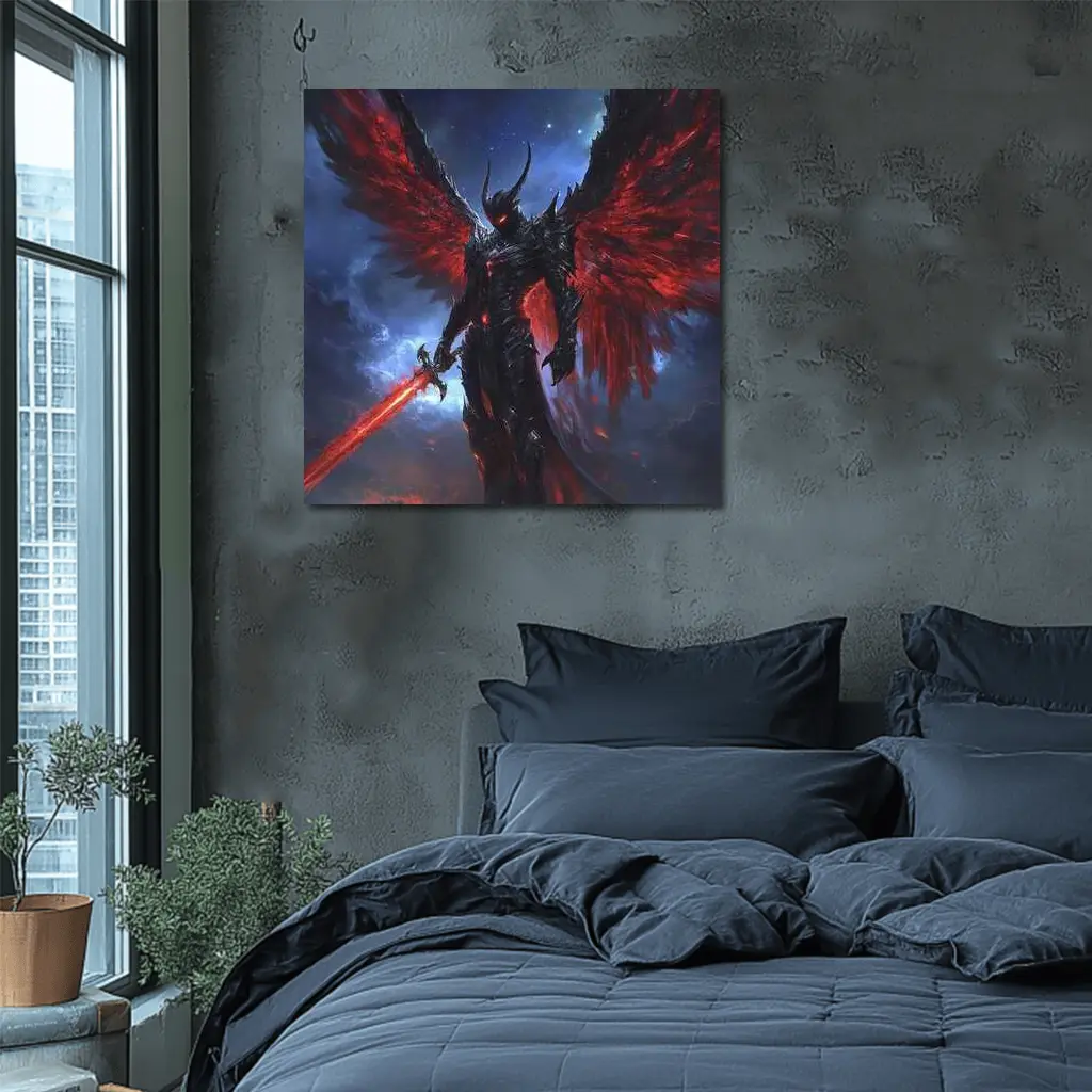 Dark Angel Warrior Red Wings Night Sky – Wall Art