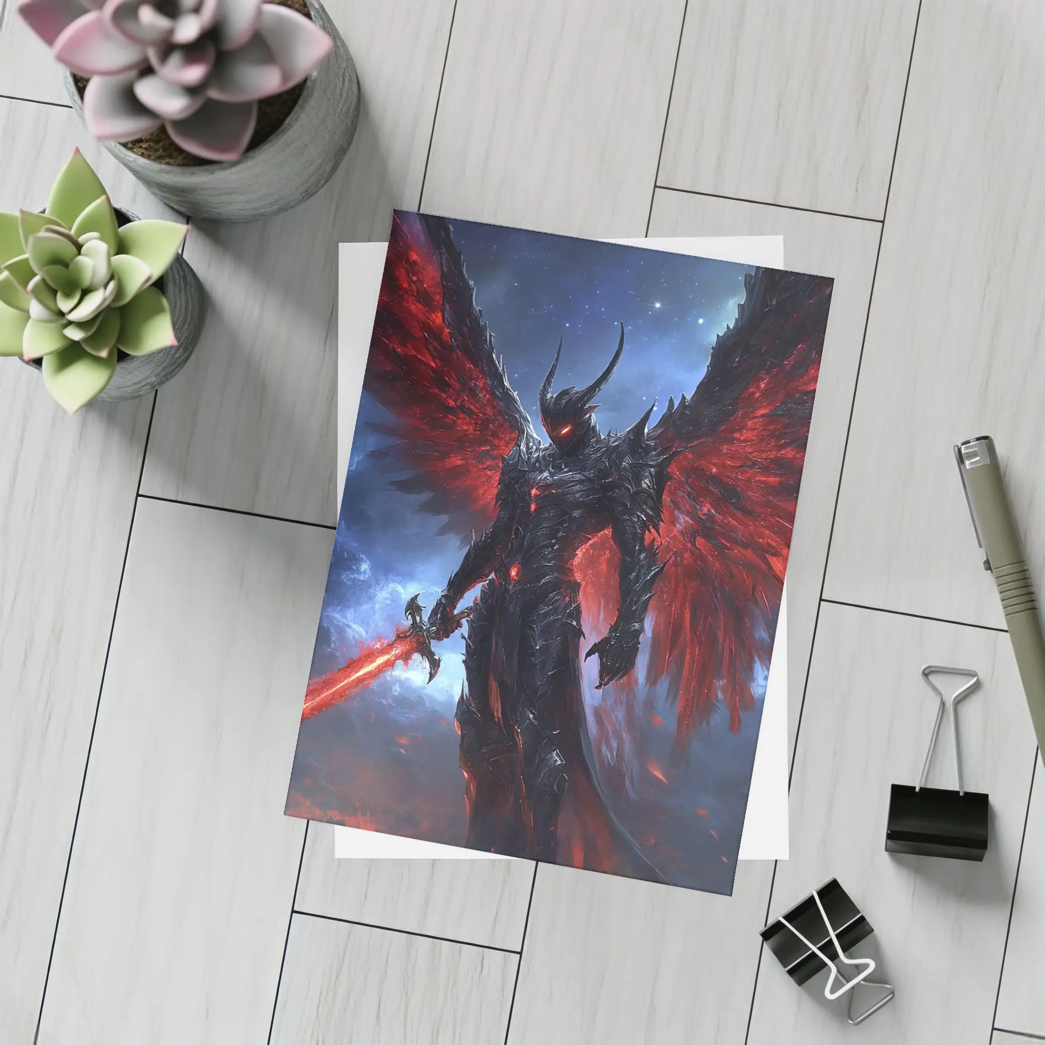 Dark Angel Warrior Red Wings Night Sky – Postcards