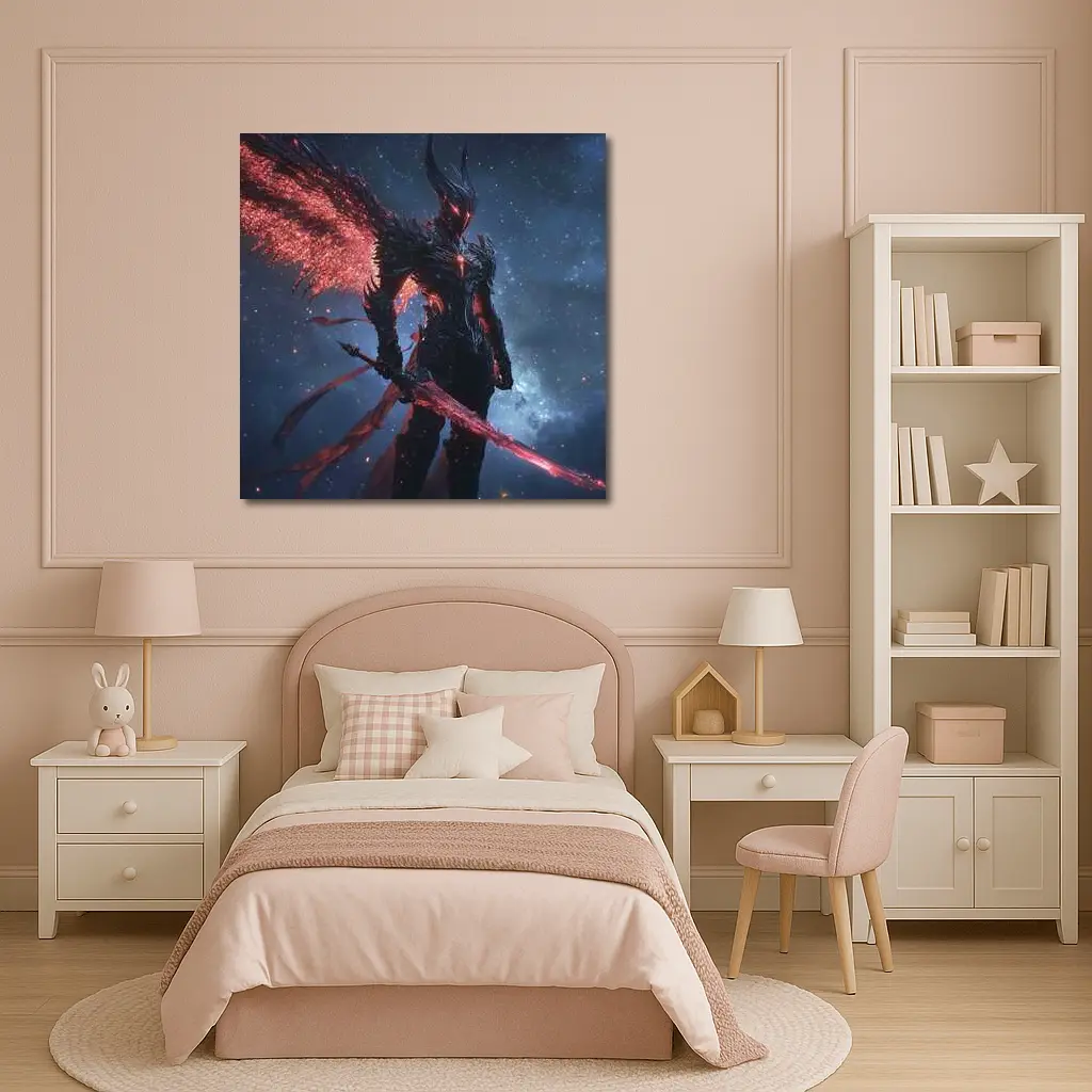 Dark Winged Warrior Red Glowing Spear Stars – Wall Art