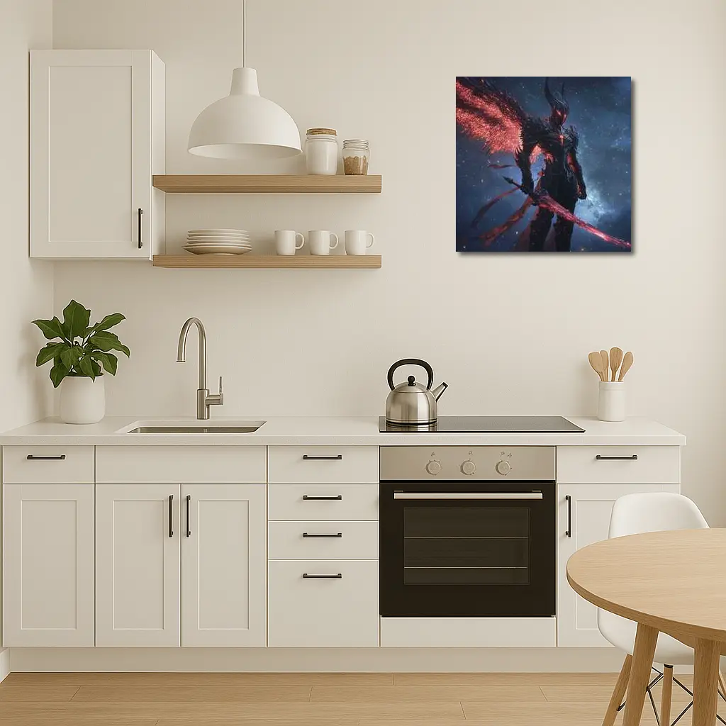 Dark Winged Warrior Red Glowing Spear Stars – Wall Art