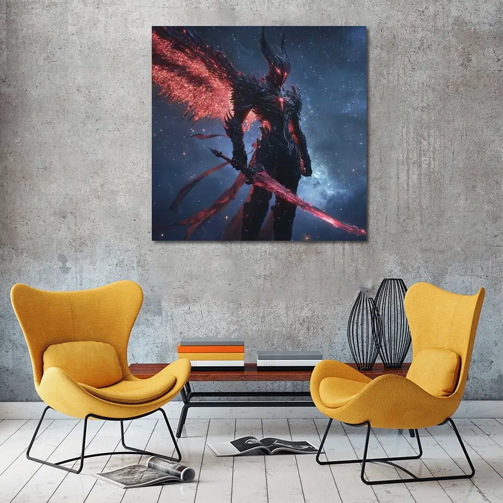 Dark Winged Warrior Red Glowing Spear Stars – Wall Art