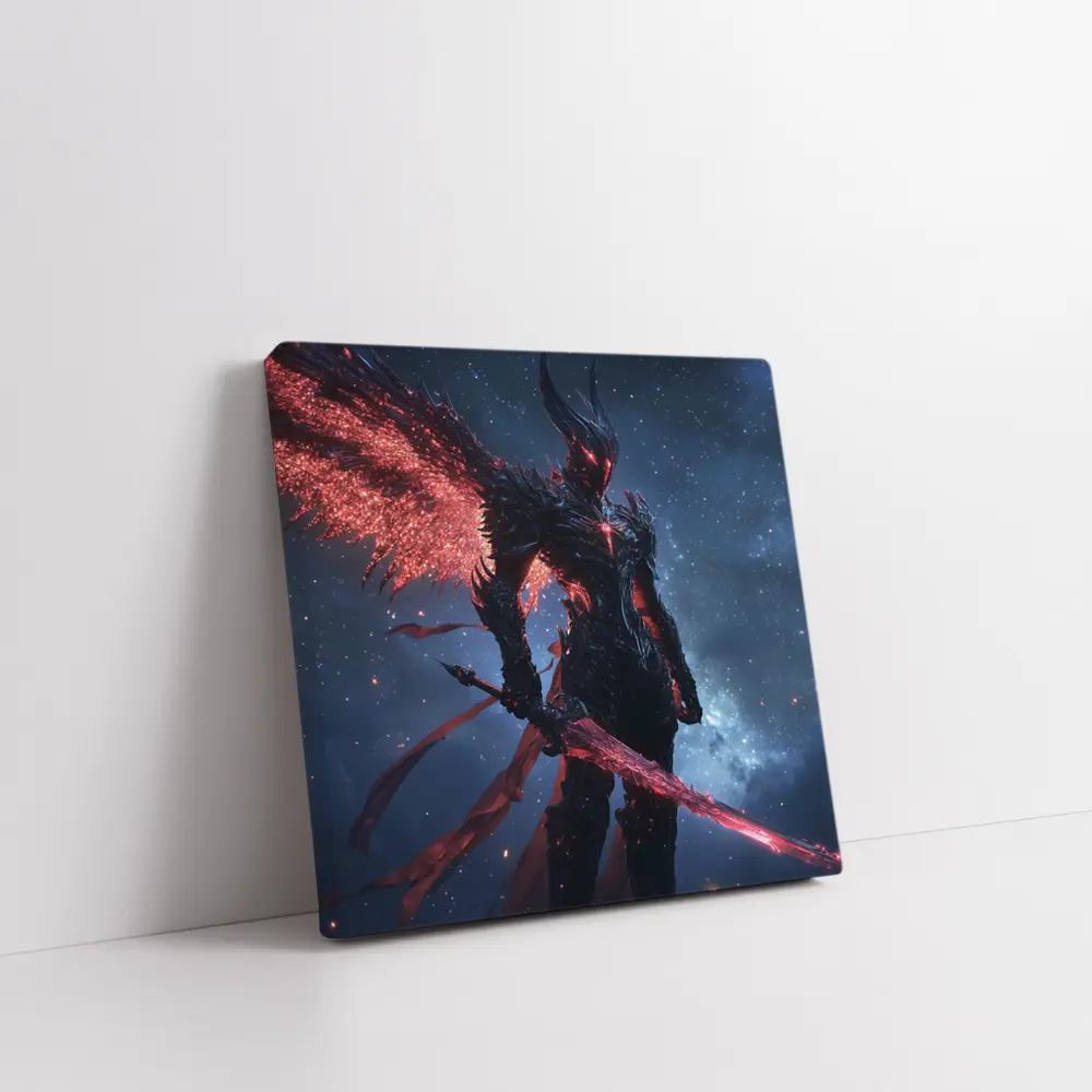 Dark Winged Warrior Red Glowing Spear Stars – Wall Art