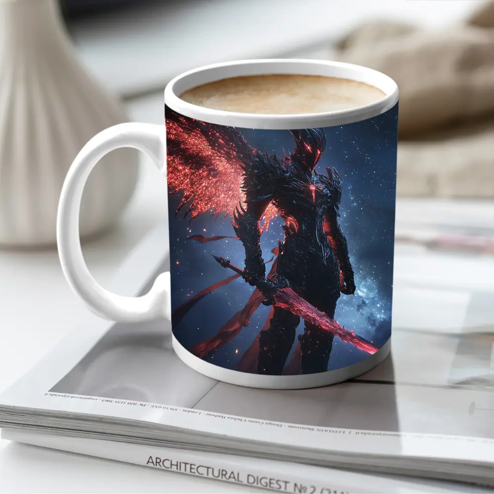 Dark Winged Warrior Red Glowing Spear Stars – Mugs
